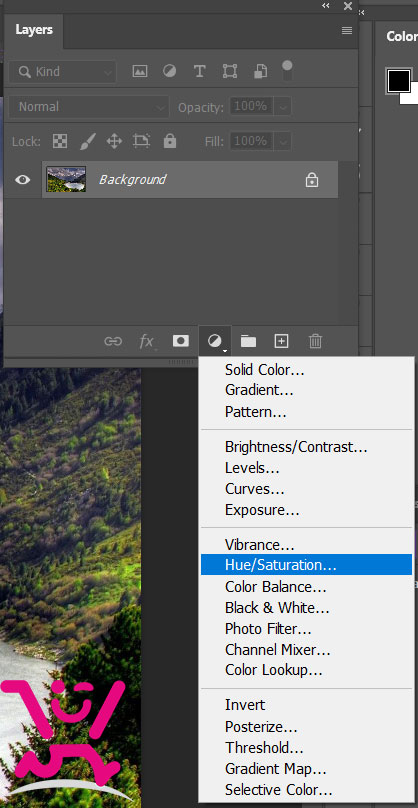 6 روش سیاه و سفید نمودن عکس رنگی در فتوشاپ 12 Layer > New Adjustment Layer > Hue/Saturation