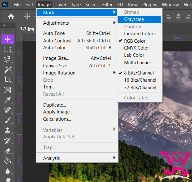 6 روش سیاه و سفید نمودن عکس رنگی در فتوشاپ 4 Image > Mode > Grayscale