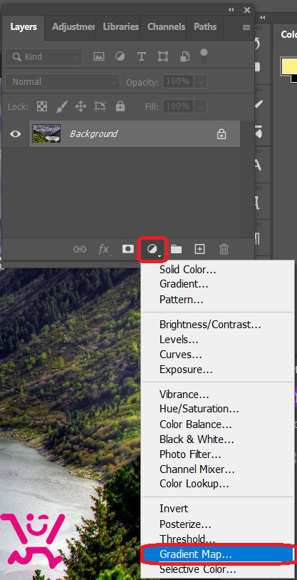 6 روش سیاه و سفید نمودن عکس رنگی در فتوشاپ 7 Layer > New Adjustment Layer > Gradient Map